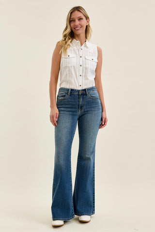 Judy Blue Mid Rise Triple Needle Pockets & Bandana Loop Jaqueline Flare Denim Jeans 82726