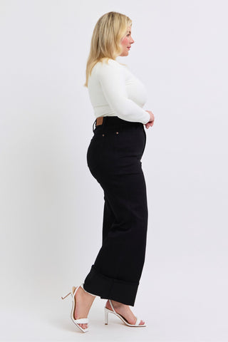 Judy Blue High Waist Retro Wide Leg Black Cuffed Denim Jeans 82617