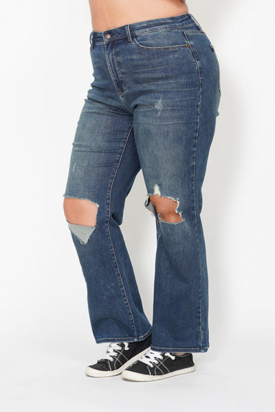 Judy Blue High Waist Knee Ripped Dad Denim 88680-Jeans-Sunshine and Wine Boutique