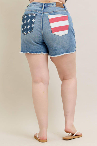 Judy Blue High Waist Front & Back Pocket American Flag Fray Hem Denim Short 150321-Shorts-Sunshine and Wine Boutique