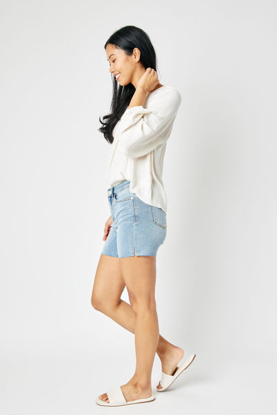 Judy Blue Mid Rise Cutt Off Denim Short 15251-Shorts-Sunshine and Wine Boutique