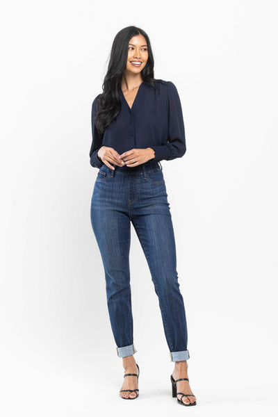 Judy Blue High Waist Pull On Double Cuff Slim Denim 88750-Jeans-Sunshine and Wine Boutique