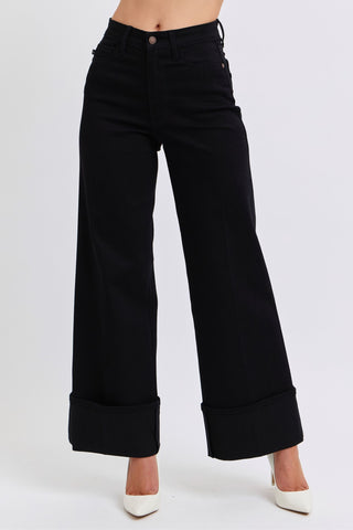 Judy Blue High Waist Retro Wide Leg Black Cuffed Denim Jeans 82617