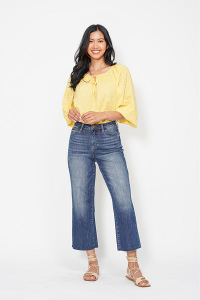 Judy Blue High Waist Back Pocket Embroidery Crop Wide Leg Denim 88873-Jeans-Sunshine and Wine Boutique