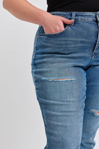 Judy Blue Mid Rise Contrast Wash Destroyed Dad Denim Jeans 88859