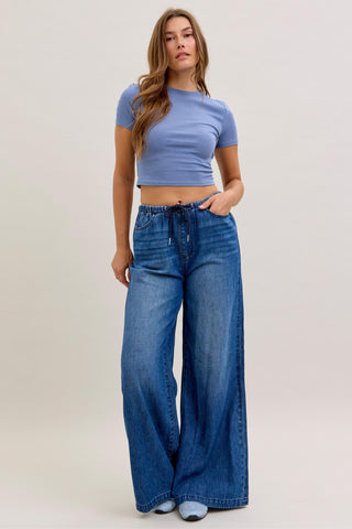 Judy Blue High Waist Featherweight Elastic Waistband Drawstring Palazzo Denim Jeans 881047