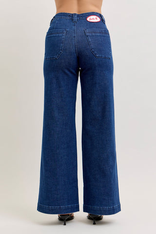 Judy Blue High Waist Patch Pockets & Twisted Seam Retro Wide Leg Denim Jeans 881092