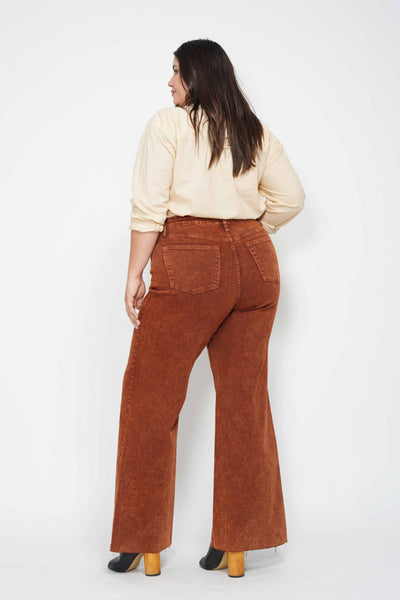 Judy Blue High Waist Garment Dyed Pumpkin Spice Raw Hem Retro Wide Leg Denim 88888-Jeans-Sunshine and Wine Boutique