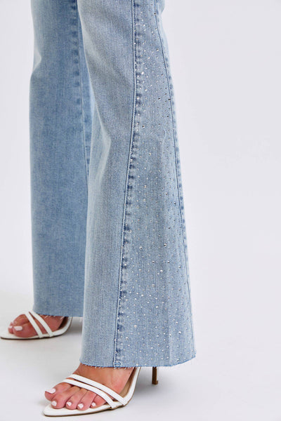 Judy Blue Mid Rise Button Fly Rhinestone Side Panel Detail Flare Denim Jeans 88895-Jeans-Sunshine and Wine Boutique