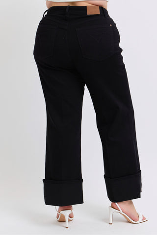 Judy Blue High Waist Retro Wide Leg Black Cuffed Denim Jeans 82617