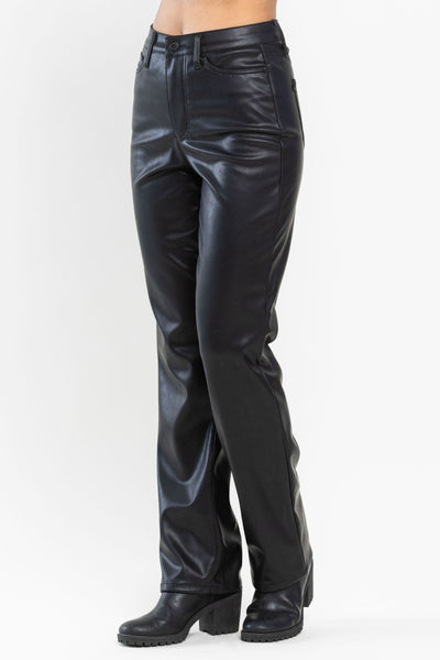 Judy Blue High Waist Tummy Control Top Faux Leather Black Straight Leg Pants 88755 - Exclusive-Jeans-Sunshine and Wine Boutique
