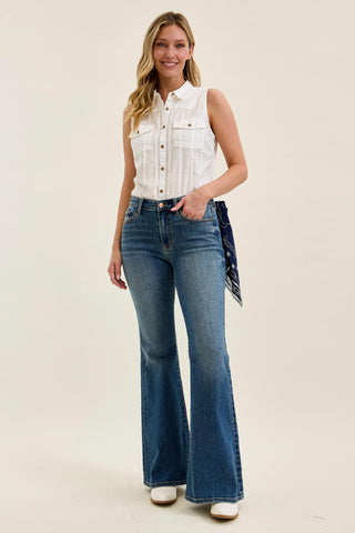 Judy Blue Mid Rise Triple Needle Pockets & Bandana Loop Jaqueline Flare Denim Jeans 82726