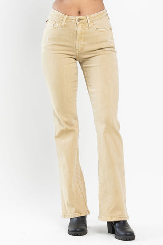 Judy Blue Mid Rise Garment Dyed Khaki Slim Bootcut Denim 88504-Jeans-Sunshine and Wine Boutique