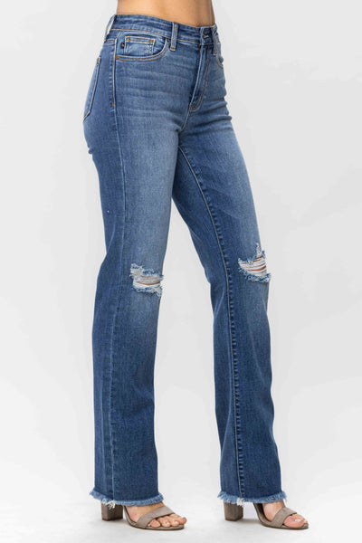 Judy Blue High Waist Knee Destroy & Fray Hem Straight Denim 82513 - Exclusive-Jeans-Sunshine and Wine Boutique