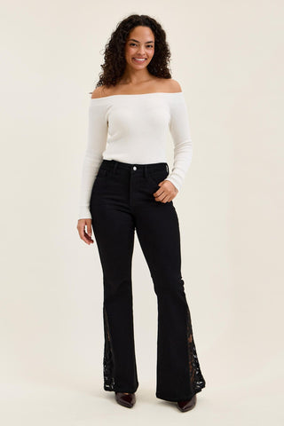 Judy Blue Mid Rise Jaqueline Black Lace Flare Denim Jeans 881177 - 3 Inseam Options