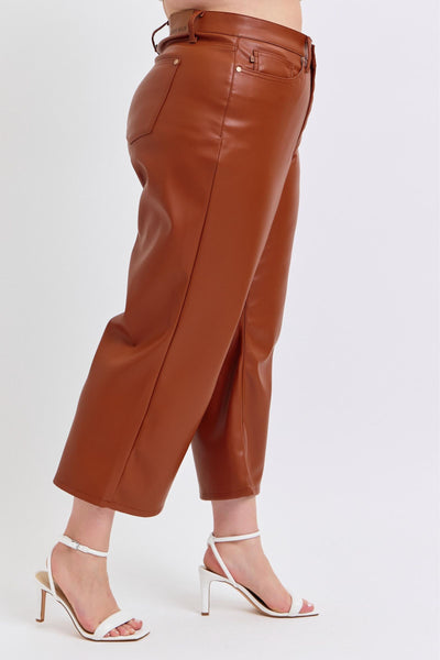 Judy Blue High Waist Tummy Control Camel Faux Leather Wide Leg Crop Denim Jeans 88900-Jeans-Sunshine and Wine Boutique