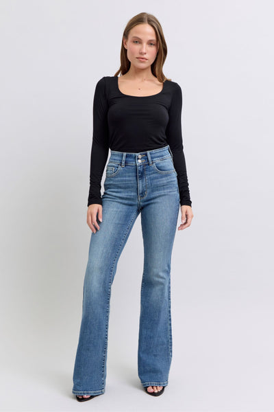 Judy Blue High Waist Double Button Tinted Flare Denim Jeans 82630-Jeans-Sunshine and Wine Boutique