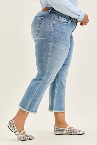 Judy Blue Mid Rise Frayed Hem Kick Flare Denim Jeans 82721