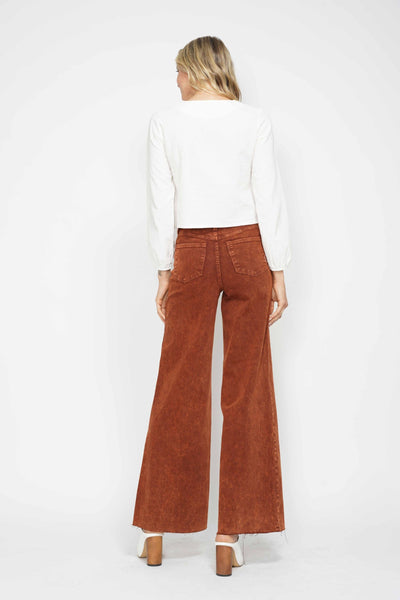 Judy Blue High Waist Garment Dyed Pumpkin Spice Raw Hem Retro Wide Leg Denim 88888-Jeans-Sunshine and Wine Boutique