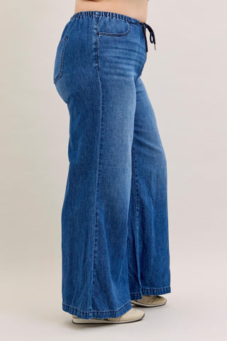 Judy Blue High Waist Featherweight Elastic Waistband Drawstring Palazzo Denim Jeans 881047