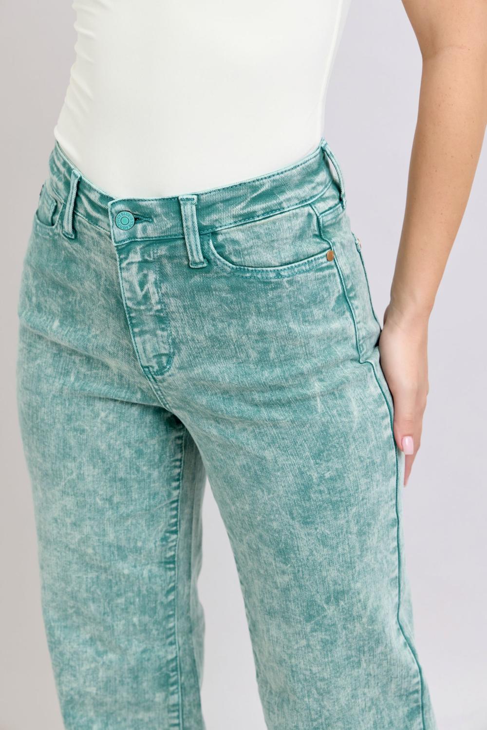 Judy Blue High Waist Garment Dyed Sea Green Dad Denim Jeans