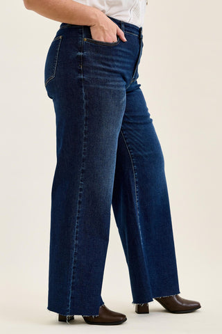 Judy Blue High Waist Adjustable Waistband Tabs Raw Hem Retro Wide Leg Denim Jeans 881114