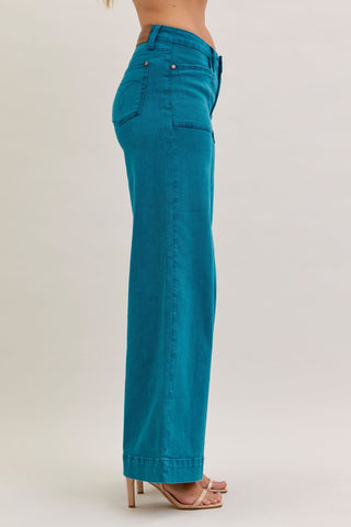 Judy Blue Mid Rise Teal Utility Wide Leg Denim Jeans 881061