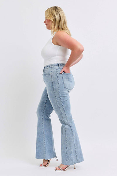 Judy Blue Mid Rise Button Fly Rhinestone Side Panel Detail Flare Denim Jeans 88895-Jeans-Sunshine and Wine Boutique