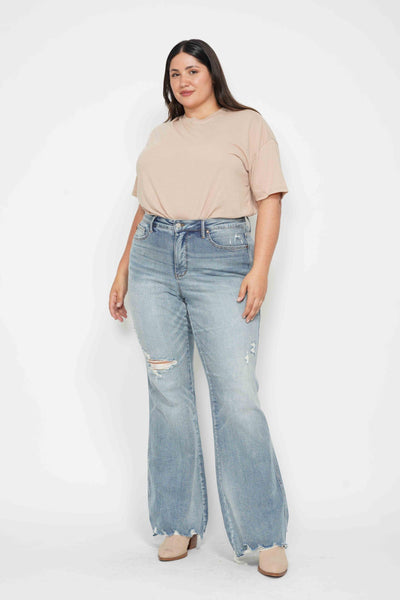 Judy Blue Mid Rise Tummy Control Destroy Flare Denim 88594-Jeans-Sunshine and Wine Boutique