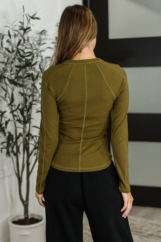 Mono B Effortless Edge Knit Henley Top in Camo Green