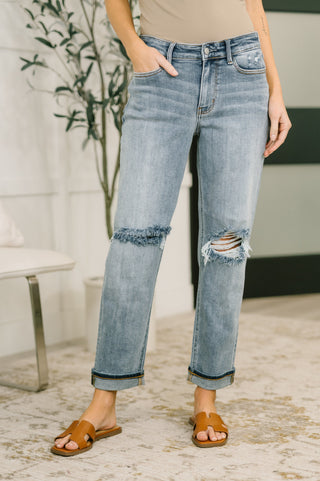 Judy Blue Elaine Mid Rise Boyfriend with Distress & Cuff - Exclusive