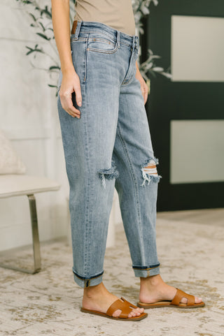 Judy Blue Elaine Mid Rise Boyfriend with Distress & Cuff - Exclusive