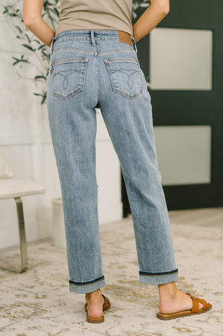 Judy Blue Elaine Mid Rise Boyfriend with Distress & Cuff - Exclusive