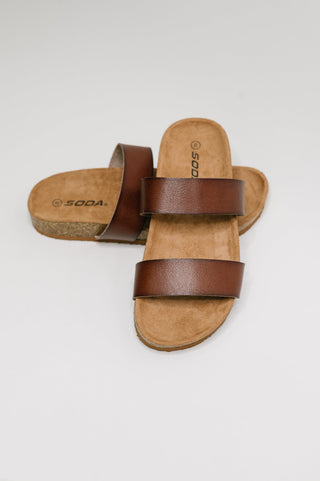 Soda Eulee Round Toe Slip On Sandal in Light Brown