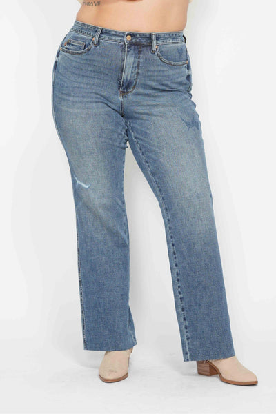 Judy Blue High Waist "Tummy Control" Raw Hem Straight Denim 88848-Jeans-Sunshine and Wine Boutique