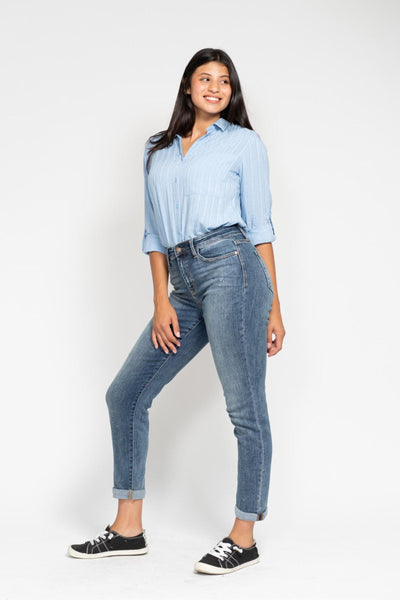 Judy Blue High Waist Bleach Splash Boyfriend Denim 82346-Jeans-Sunshine and Wine Boutique