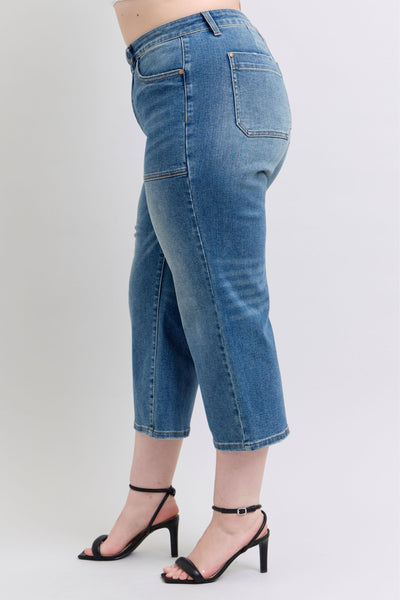 Judy Blue High Waist Utility Pockets Crop Wide Leg Denim Jeans 88904-Jeans-Sunshine and Wine Boutique