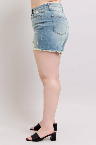 Judy Blue High Waist Vintage Wash Fly Stitch Detail & Destroy Denim Short 150323-Shorts-Sunshine and Wine Boutique