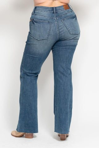 Judy Blue Mid Rise Tummy Control Vintage Wash Cut Hem Flare Denim Jeans 88472