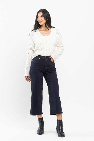 Judy Blue High Waist Tummy Control Garment Dyed Wide Leg Crop Navy Denim 88807-Jeans-Sunshine and Wine Boutique