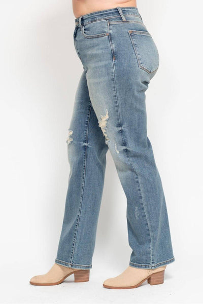 Judy Blue High Waist Harsh Tint & Destroy Straight Dad Denim Jeans 82641-Jeans-Sunshine and Wine Boutique