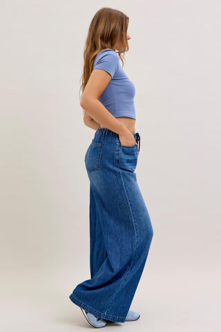 Judy Blue High Waist Featherweight Elastic Waistband Drawstring Palazzo Denim Jeans 881047