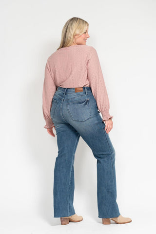 Judy Blue Mid Rise Tummy Control Vintage Wash Cut Hem Flare Denim Jeans 88472