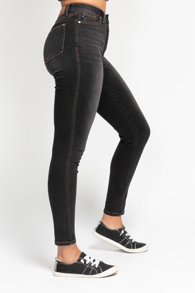 Judy Blue High Waist Tummy Control Black Wash & Contrast Thread Skinny 88768-Jeans-Sunshine and Wine Boutique