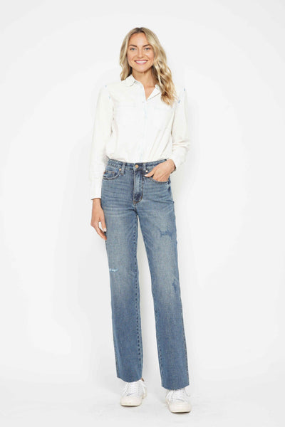 Judy Blue High Waist "Tummy Control" Raw Hem Straight Denim 88848-Jeans-Sunshine and Wine Boutique