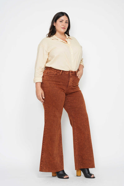 Judy Blue High Waist Garment Dyed Pumpkin Spice Raw Hem Retro Wide Leg Denim 88888-Jeans-Sunshine and Wine Boutique