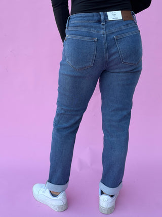 Judy Blue Mid Rise Billie Knit Indigo Boyfriend Denim Jeans 881126