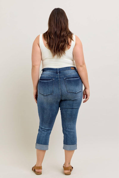 Judy Blue Mid Rise Dark Wash Cuffed Capri Denim Jeans 72121-Jeans-Sunshine and Wine Boutique