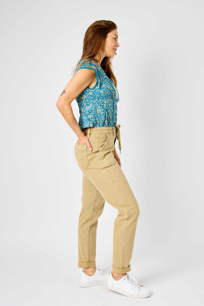 Judy Blue High Waist Garment Dyed Khaki Cuffed Jogger Denim 88815-Jeans-Sunshine and Wine Boutique