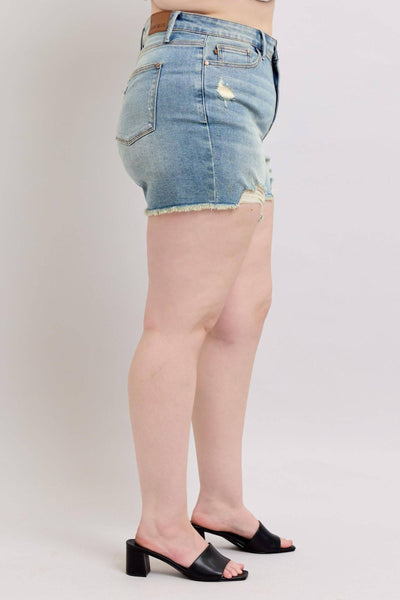 Judy Blue High Waist Vintage Wash Fly Stitch Detail & Destroy Denim Short 150323-Shorts-Sunshine and Wine Boutique
